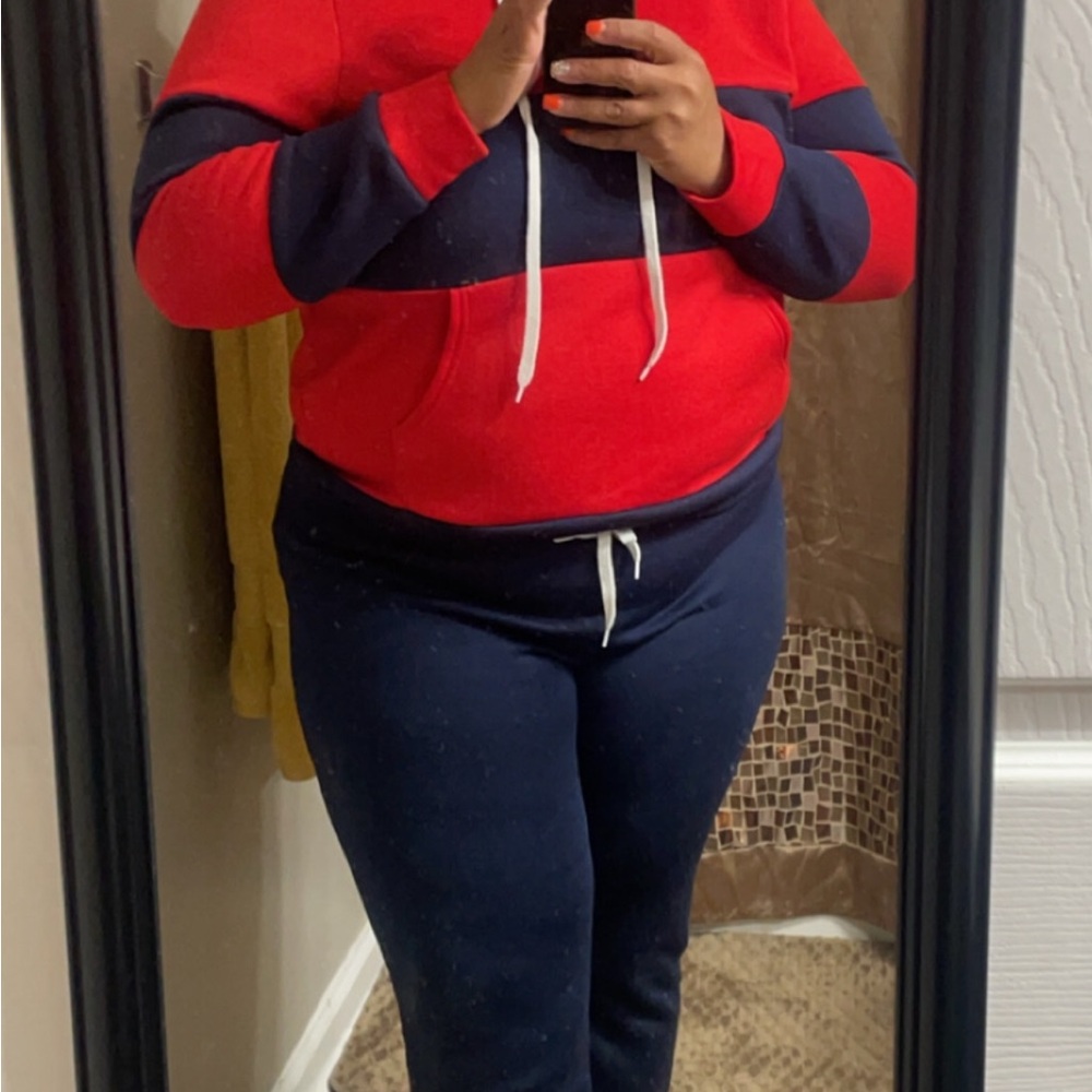 Red and Navy Colorblock Hoodie and Sweatpants Set